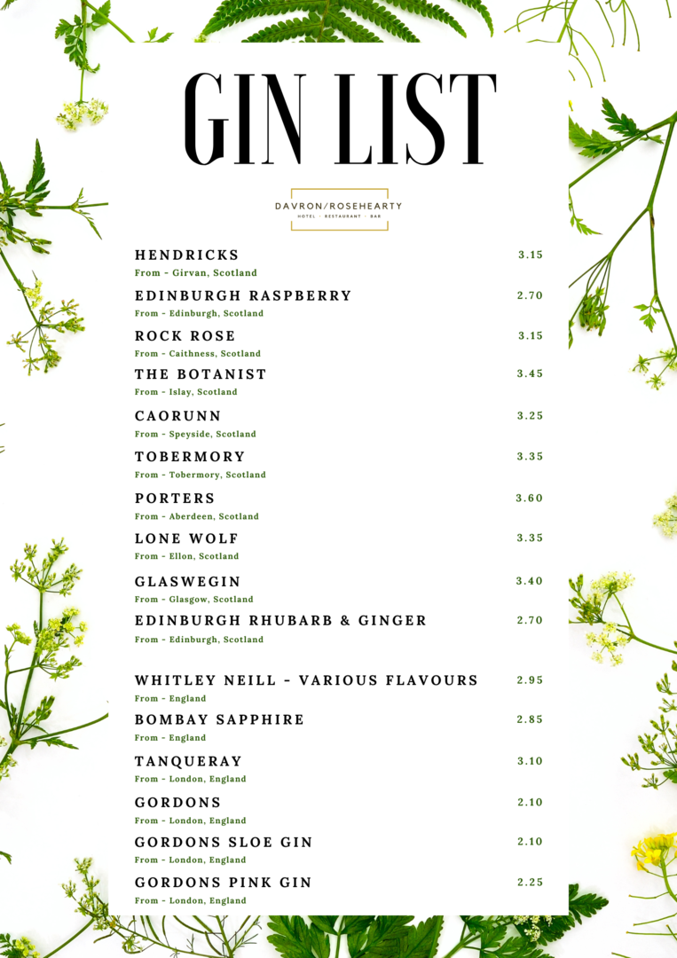 Davron Hotel, Rosehearty, Fraserburgh Gin Menu